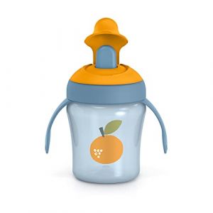 Suavinex Tasse d'Apprentissage avec Bec Rigide. Tasse Bébé Anti - Fuite avec Couvercle Rabattable et des Poignées. Passe au Lave-Vaisselle. Trainer Cup, 200 ml, Orange, Couleur Bleu