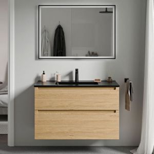 Bernstein Meuble de salle de bain suspendu bois laqué, meuble vasque noire 2 tiroirs soft-close - Garantie 5 ans - 64x101x47cm - vireo - Chêne miel
