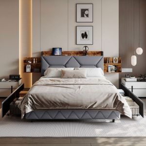 Lit 140x200 cm, Lit Double avec 4 tiroirs, cadre de lit adulte avec angement, Gris - Lin