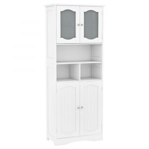 Armoire de Rangement Haute, Meuble Rangement de Salle de Bain avec Portes en Verre Trempé, Etagères Réglables, 2/3 Compartiments Ouverts, pour Salle
