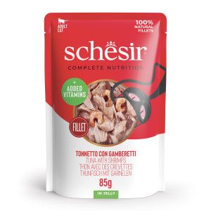 Schesir Ton avec crevettes en gel&eacute;e, Nourriture Humide compl&egrave;te pour Chats, en enveloppe, ingr&eacute;dients 100% Naturel, sans cruaut&eacute; 12 x 85 g