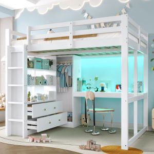 Lit mezzanine 140x200 cm - 2 tiroirs - Avec bureau et penderie - Avec LED et port USB - Blanc(matelas non inclus)