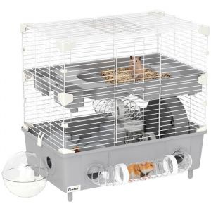 Pawhut Cage pour hamster - &agrave; 2 niveaux - avec roue de course, syst&egrave;me de tuyaux - pour hamster nain - 44,5 x 28 x 44 cm - gris