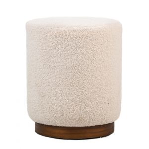 Pouf en bouclettes blanches et base en bois