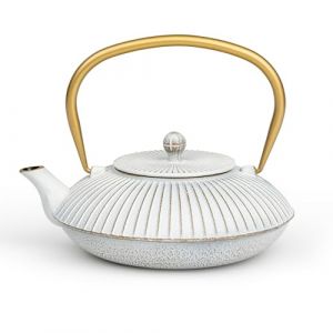 Bredemeijer Asia Théière plate blanche à induction 1,1 l – Petite théière en fonte émaillée avec filtre à thé en acier inoxydable