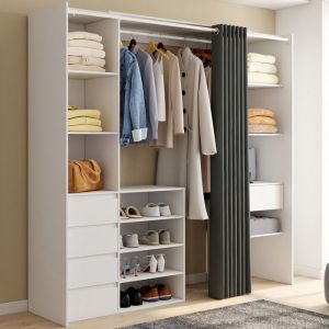 Idmarket Dressing extensible double XXL MERYL 120/180 cm blanc avec tiroirs + &eacute;tag&egrave;res + penderie + rideau gris