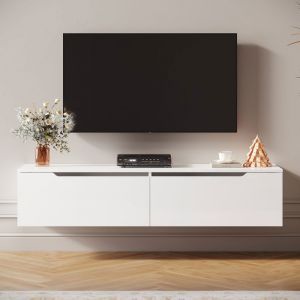 Meuble Tv Bas Avec Rangement, Tv Bas Blanc Avec Éclairage Led Et 2 Portes 140x35x30cm Meuble De Bas De Long