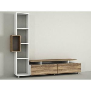 Cotecosy Meuble TV et étagère Vitally 160cm Bois Naturel et Blanc