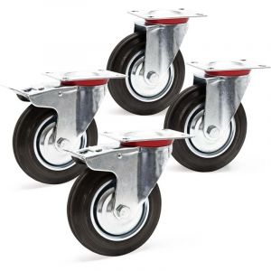 wiltec Kit 4x Roulette – 2x Pivotantes double arrêt et 2x Pivotantes – Diamètre 200 mm – Capacité 150 kg/roue – Charge lourde, Caoutchouc plein Transport