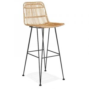 Declikdeco Tabouret de Bar Design Beige Tressé et Piétement Noir en Métal MAJESTIC