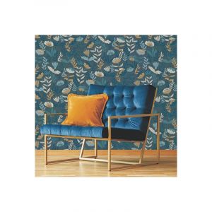 D&eacute;coweb Papier peint vinyle sur intiss&eacute; - Botanique - Fleurs vintage sur fond bleu - Rouleau(x)