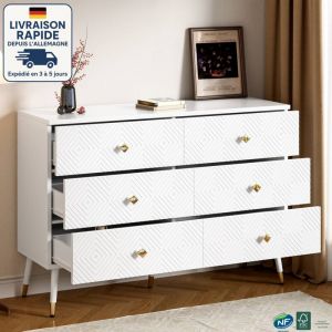 MODFU - Commode 6 tiroirs, buffet cuisine, meuble de rangement d'entrée salon, 120x40x80cm, MDF, blanc+or