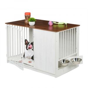 Relaxdays Cage pour chien, h x l x p : 65,5 x 102 x 60 cm, meuble, 2 écuelles pivotantes, mdf et acier, blanc/marron