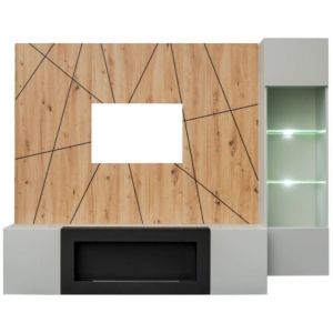 Composition murale IXAR géométrique – Meuble TV, vitrine suspendue, panneaux muraux et cheminée bio-éthanol