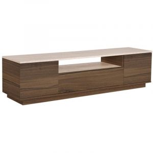 Meuble TV avec 3 portes et 1 niche - Naturel foncé et effet travertin beige - LOTULA