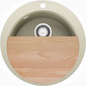 Primagran - Evier cuisine Granit Rond Beige 53x53cm, Evier 1 bac + Kit de Vidage + planche à découper, Lavabo Cuisineau meuble 50cm - Pise Max Top de