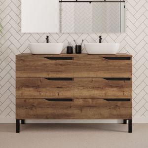 Meuble de salle de bain 120cm avec plateau et deux vasques à poser zeus - 6 tiroirs - sans miroir - tabaco (chêne foncé) - MATA
