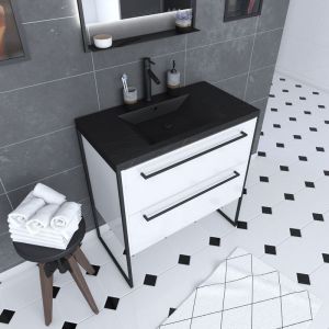 Aurlane Meuble de salle de bain 80x50cm Blanc - 2 tiroirs blanc - vasque résine noire effet pierre - STRUCTURA P016