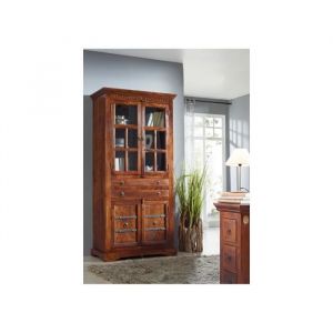 Vitrine/Vaisselier - Bois massif d'acacia laqué (Nougat) - Style colonial - OXFORD #452