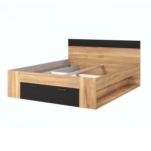 Lit adulte 160x200 avec tiroirs intégrés - Collection EOS. Coloris chêne clair et noir.