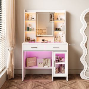Grand Coiffeuse avec Miroir Lumineux, 3 Modes LED, Table de Maquillage Blanche, Prise de courant et support pour sèche-cheveux, pour Chambre,