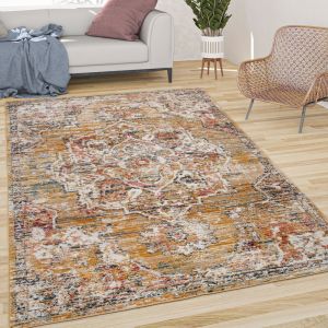 Paco Home Tapis De Salon Poils Ras Vintage Pastel Motif Orient Avec Bordure Jaune Beige 80x150 cm