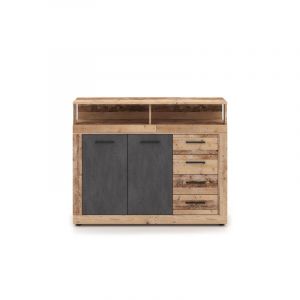 Commode en bois "Luna" à 2 portes + 4 tiroirs + 2 niches - Gris/Beige- H 97 x L 120 cm