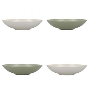Kitchencraft Assiettes Creuses en Gr&egrave;s &Eacute;maill&eacute;, Livr&eacute;s dans un Coffret Cadeau, 22 cm, Lot de 4, Motif Spirale, Vert / Beige