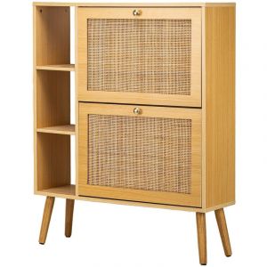 Meuble a chaussures 2 tiroirs en bois et rotin