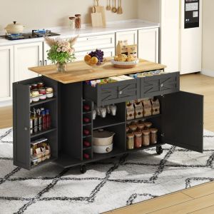 &Icirc;lot de Cuisine Multifonction,Plan Extensible,2 Tiroirs et Rangement Int&eacute;gr&eacute;, &Eacute;tag&egrave;re &agrave; Vin, Roulettes,Noir