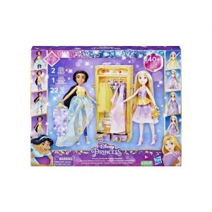 Coffret 2 poupées mannequin 30 cm : jasmine + raiponce + dressing + 22 accessoires - set poupée + 1 carte animaux - collector disney