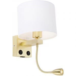 Qazqa Applique or avec USB et abat-jour blanc 18 cm - Brescia Combi