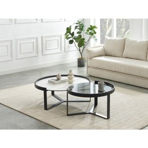 Tables basses gigognes en verre tremp&eacute; fum&eacute;, c&eacute;ramique et m&eacute;tal - Effet marbre blanc et Noir - ZERILA de Maison C&eacute;phy