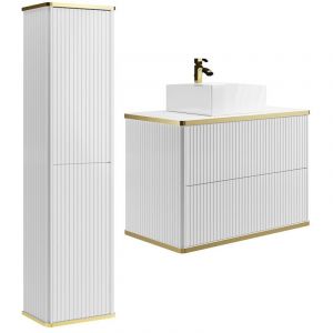Meuble de salle de bain suspendu stri&eacute; avec vasque &agrave; poser carr&eacute;e et colonne - Blanc - 80 cm - KELIZA