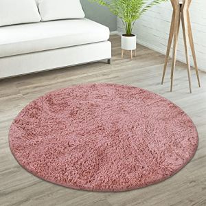 Paco Home - Tapis De Salon Poils Longs Fausse Fourrure Shaggy Moelleux Monochrome 200 cm rond, Rose Fonc&eacute;