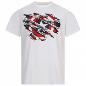 Captain America Torn Marvel Comic Shield Hommes T-shirt FBMTS200WHT