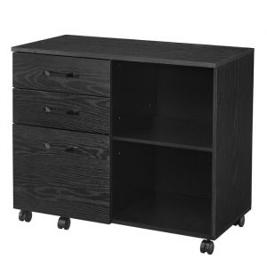 Caisson support d'imprimante bureau avec 3 tiroirs noir boisé