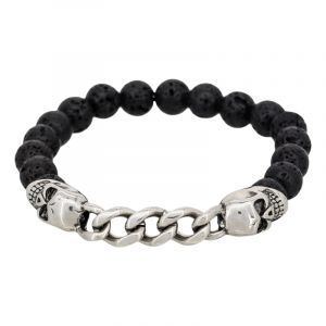 Rockstone Bracelet Homme &agrave; perles noires et chaine en acier "Lyron" Taille L
