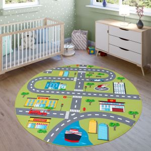 Paco Home - Tapis Pour Enfant Chambre D'Enfant, Tapis De Jeu Motif Rues Et Voitures, Vert 160 cm rond