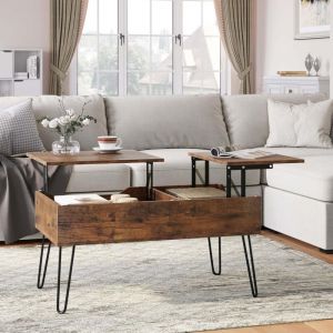 WOLTU Table Basse Relevable, Table de Salon Industrielle, 2 Compartiments Cachés, Pieds en Métal, Marron Rustique W0ATT0621