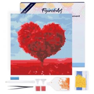 Figured’Art Mini Diamond Painting Broderie Diamant 25x25cm toile tendue sur châssis en bois - diamants ronds - Arbre rouge Coeur