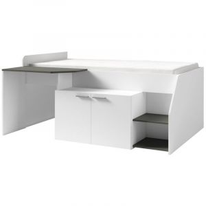 Lit Combiné zola avec Bureau - Coloris Blanc Satin et Gris - 204 x 90 x 135 cm
