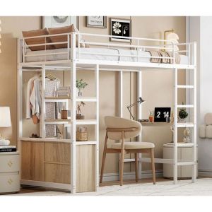 Lit mezzanine 90x200cm en m&eacute;tal - avec bureau + prises USB + barri&egrave;res - Blanc