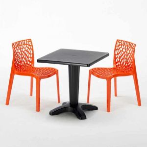 Grand Soleil Table et 2 chaises color&eacute;es polypropylene ext&eacute;rieurs PATIO | Gruvyer Orange - Noir