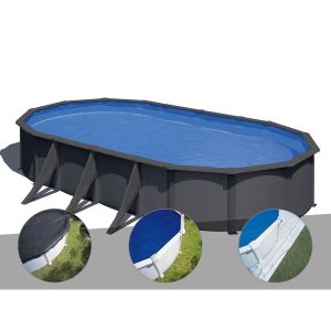 Gre Kit piscine acier gris anthracite Louko ovale 7,44 x 3,99 x 1,22 m + Bâche d'hivernage + Bâche à bulles + Tapis de sol