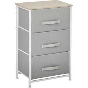 Homcom Rangement 3 tiroirs chiffonnier métal blanc effet bois clair non tissé gris clair