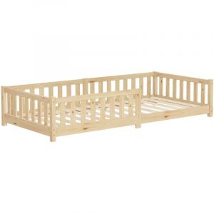ML-Design Lit au Sol Enfant Simple 90x200 cm, en Bois de Pin Massif, avec Sommier à Lattes et Barrière Anti-Chute, Livré sans Matelas, Cadre Naturel