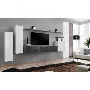 Meuble TV Mural Design " I" 330cm Blanc & Gris Prix