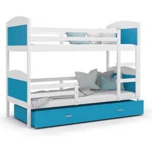 LIT SUPERPOSÉ 3 PLACES MATEO 190x90 BLANC + BLEU couleurs MDF livré avec sommiers, matelas en mousse de 7cm OFFERTS