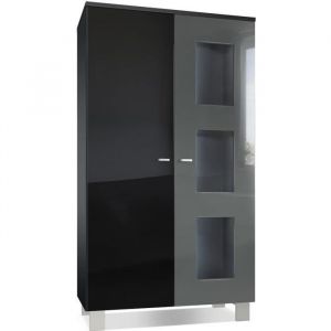 Vitrine Armoire haute Commode Denjo en Noir mat - haute brillance - Porte en Gris haute brillance sans éclairage led - Porte en Gris haute brillance